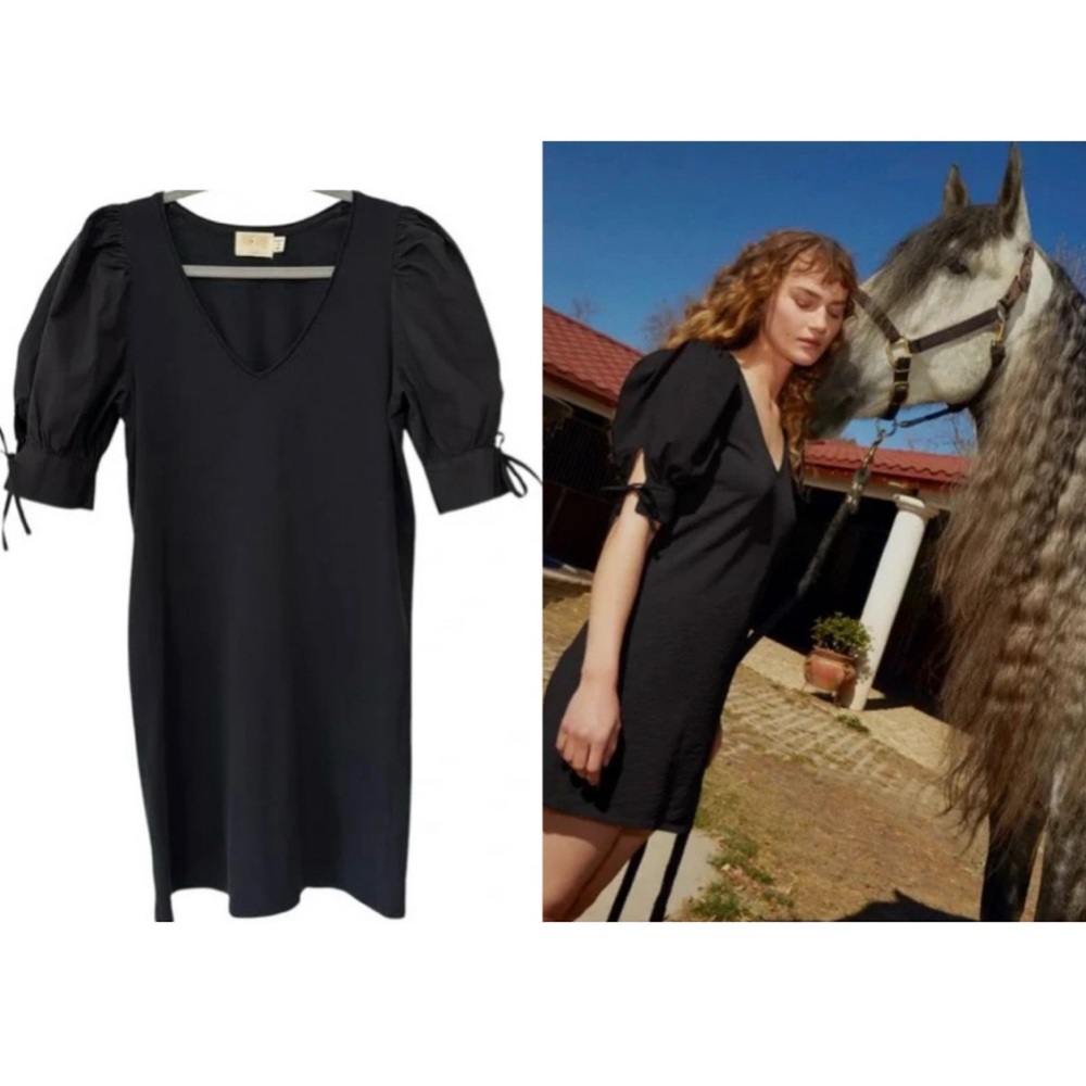 Nation LTD Mirrim Puff Sleeve Cotton Mini Dress in Black Fall Tie Sleeve Trendy